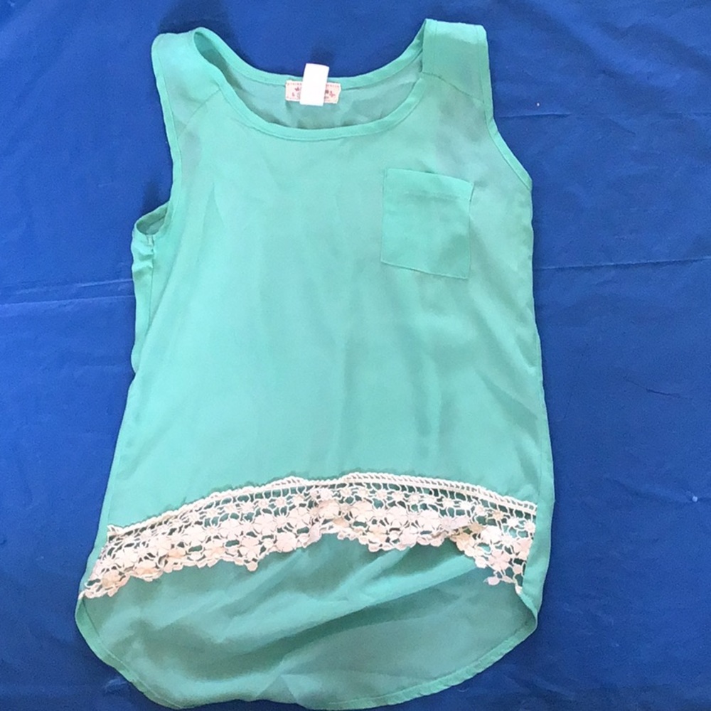 Teal chiffon shirt with white crochet lace